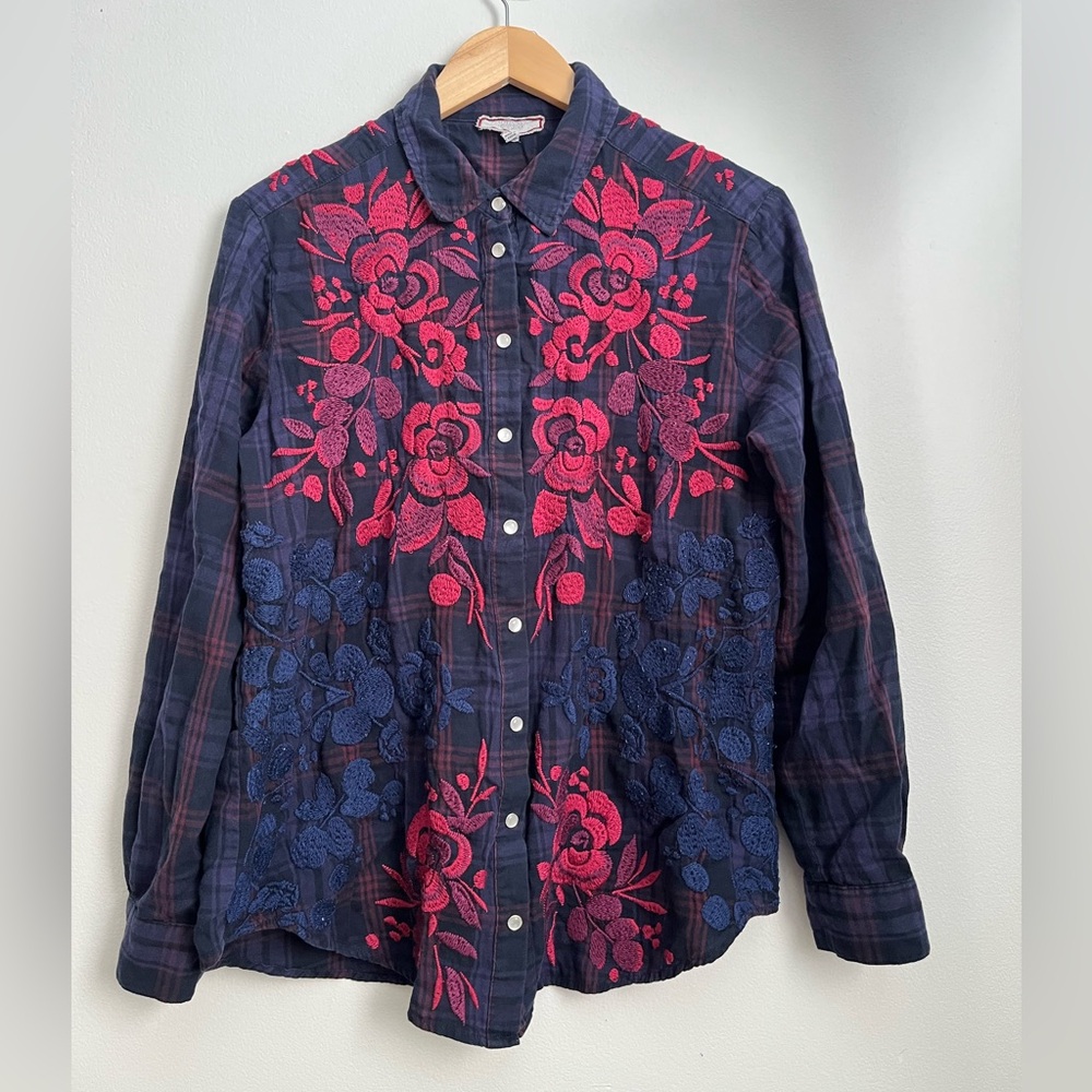 Johnny Was Workshop Tuscan Embroidered Plaid Shirt